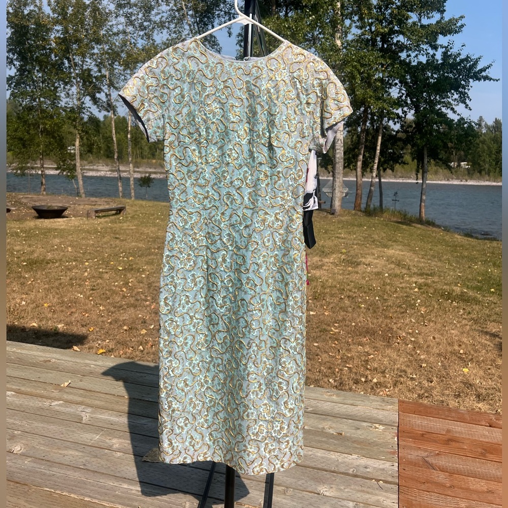 Vintage - Elaine Terry Dress - Teal & Gold - Size 2